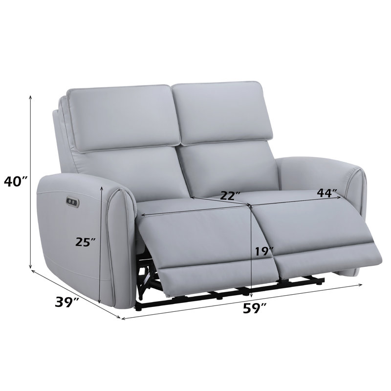 Cuir synthétique gris Power Motion, coussins serrés, ressorts ensachés, siège de 44 po de largeur, capacité de poids du produit de 220 lb avec mouvement, port type C, structure intérieure en bois, profondeur de 22 po, profondeur de 39 po