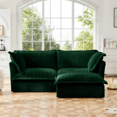 Slipcovered Sectional 2 Seater Sofa Couch With Convertible Ottoman