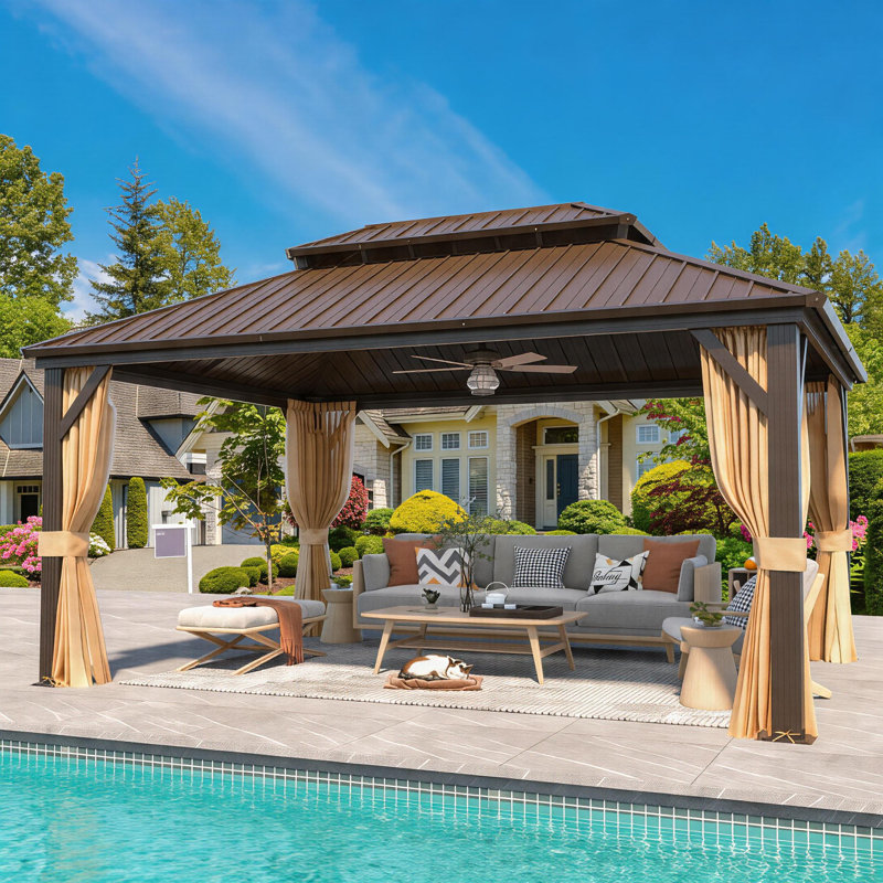 16 pi L 12 pi. D Pavillon de jardin en aluminium à toit rigide, toit en acier galvanisé double, pavillon permanent toutes saisons, auvent extérieur avec rideaux et filet, conçu pour les spas, les terrasses et les cours arrière