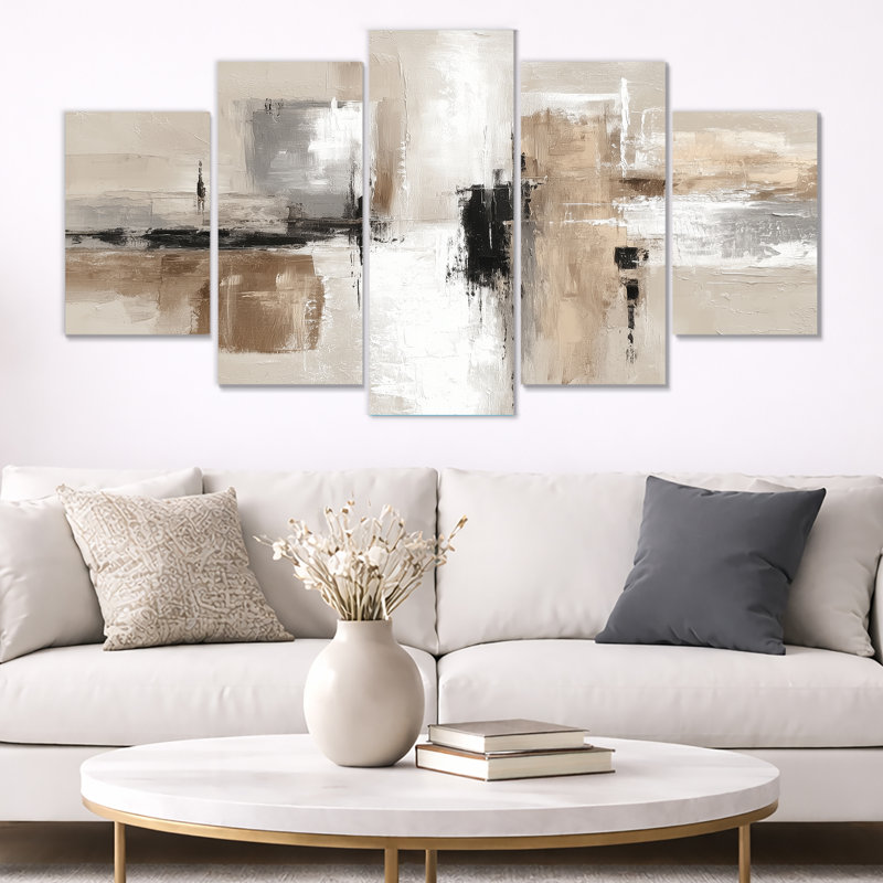 «Brown and Black Brushstroke», peinture abstraite - art mural cubisme, impression sur toile brune à 5 panneaux