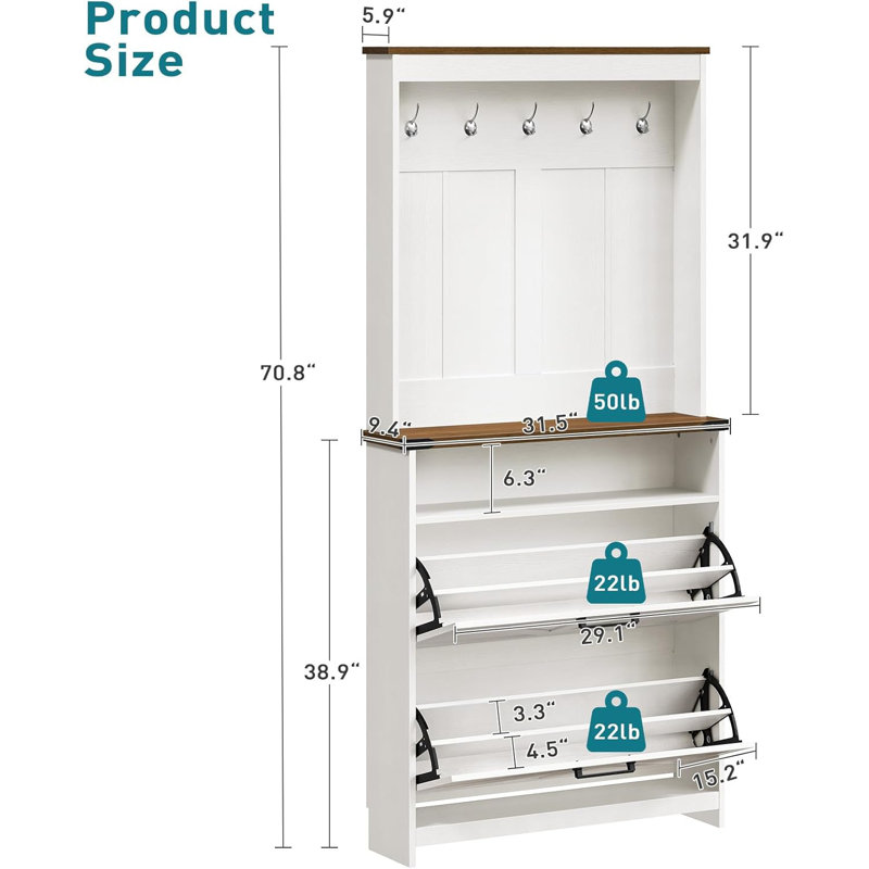 Farmhouse Shoe Cabinet with Coat Rack, Tall Shoe Cabinet with 2 Flip Drawers, Narrow Hidden Shoe Storage Cabinet, 2 in 1 Hall Tree Slim Freestanding Shoe Rack Organizer