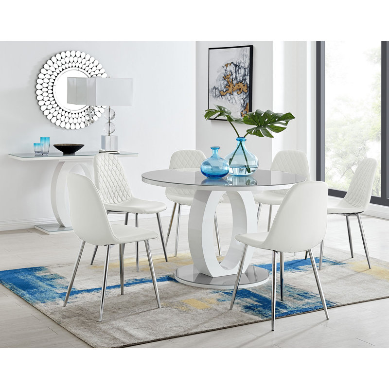 Scottsmoor 6 Seater High Gloss Round Dining Table Set with 6 Luxury Faux Leather Dining Chairs, White, Black