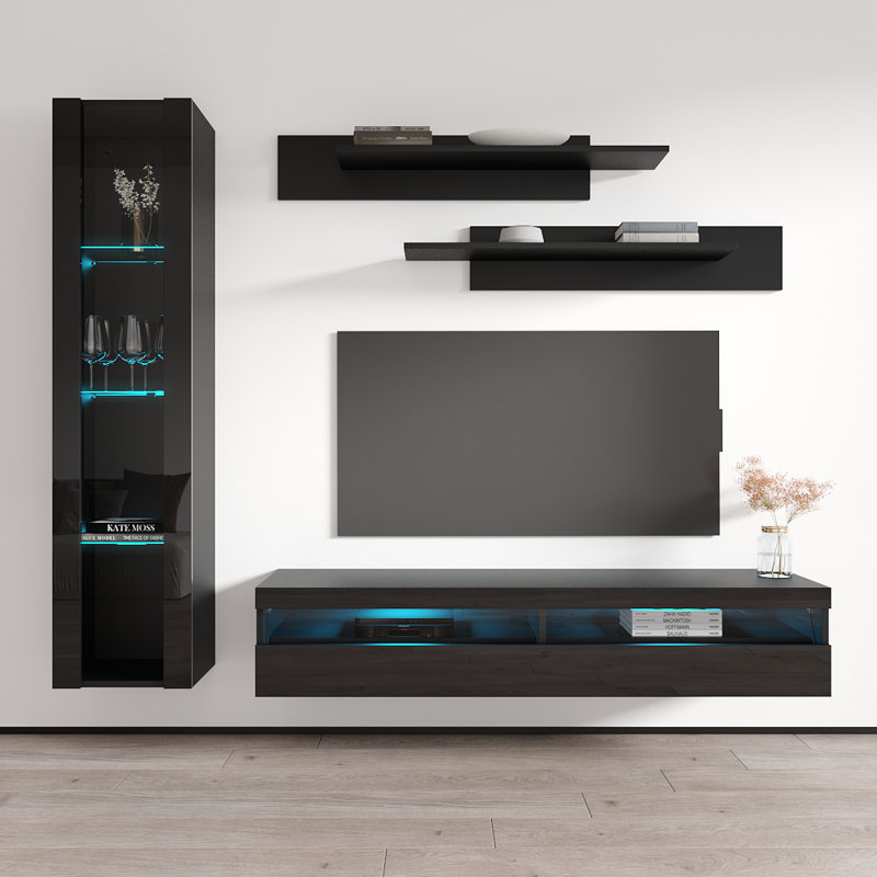 Lineberry 85" Modern Floating Wall Mounted Entertainment Center with 16-Color LED Lighting, High Gloss Finish, Black