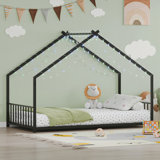 Children's Bed Frame with LED Light Strips, Sturdy Roof-Shaped Iron Frame for Safe and Fun Sleeping