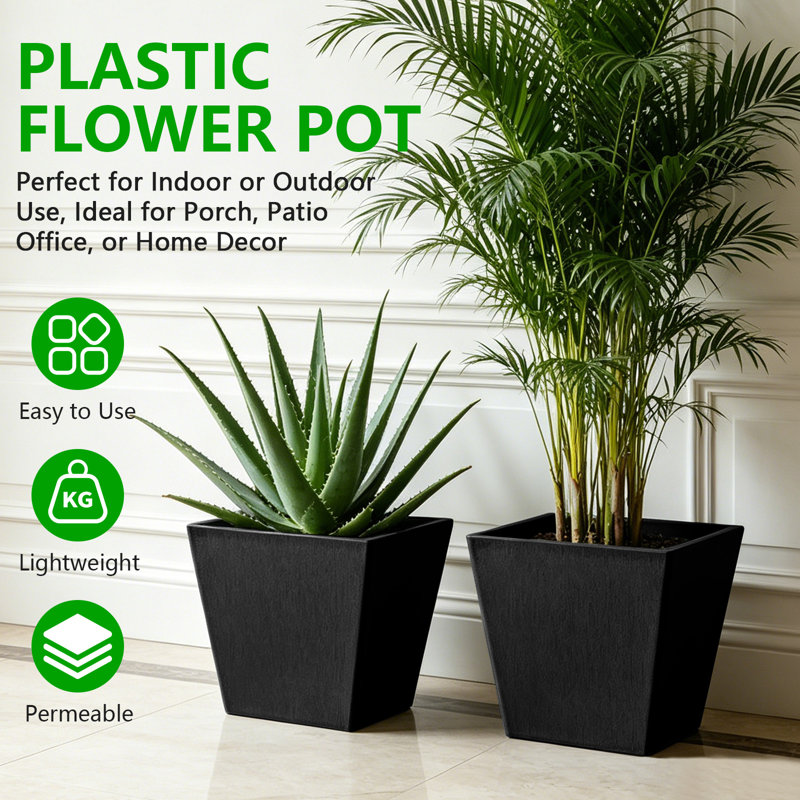 Paquet de 2 pots de fleurs carrés en plastique - Pots de fleurs pour le jardin intérieur et extérieur, black