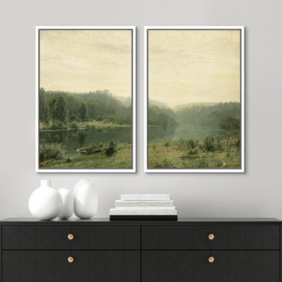 Lake River Landscape " Forest Lake Vintage " 2 - Pieces