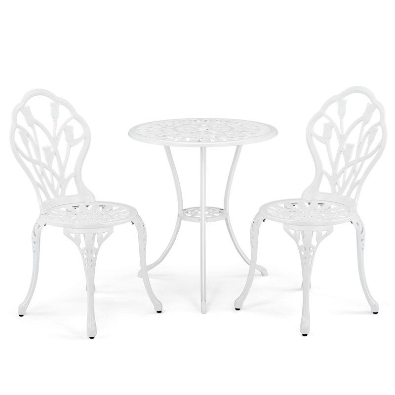 Outdoor 3-Piece Cast Aluminum Rose Bistro Set, White
