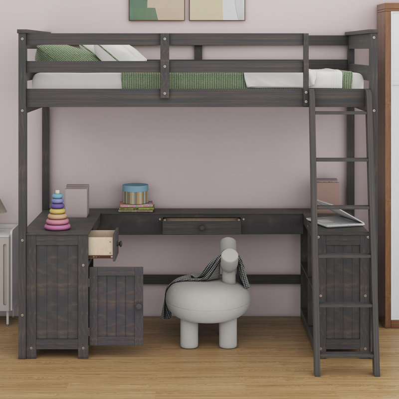 Lit mezzanine avec bureau en U, tiroirs et tablettes de rangement, Brun antique