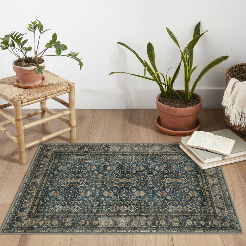 Tapis tribal à motif floral lavable à la machine avec envers antidérapant pour le salon de la chambre à coucher, Bleu/brun
