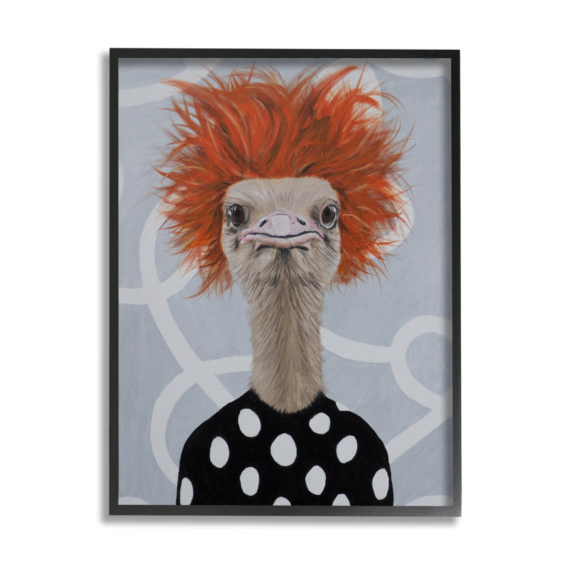 Drôle d'autruche rétro à pois encadrée sur bois par Coco De Paris, peinture, H 20 po x l 16 po x P 1,5 po