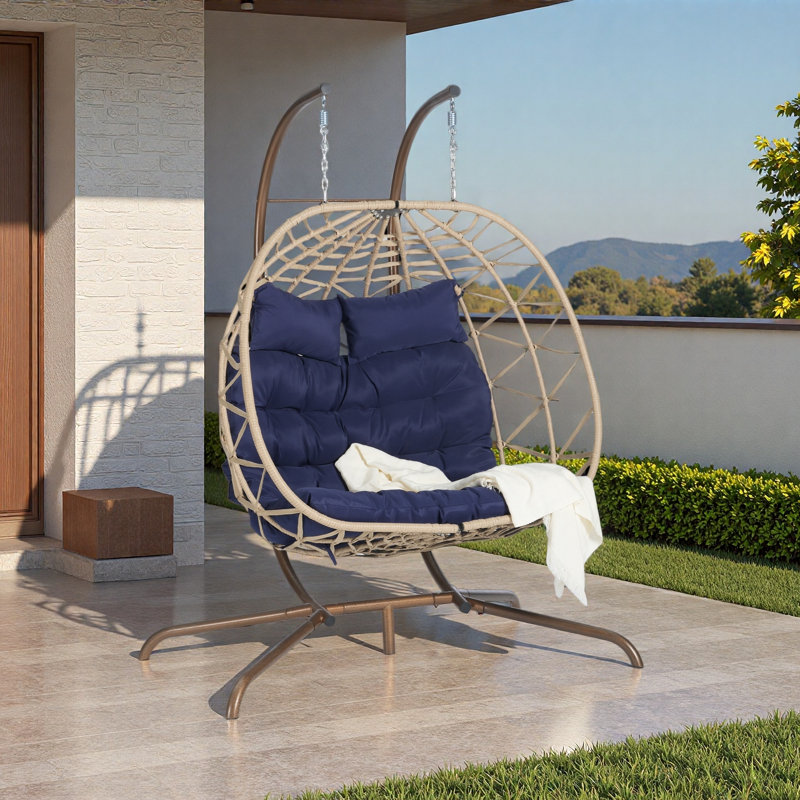 Fauteuil double avec support suspendu en osier et rotin pour l'intérieur et l'extérieur, Bleu très foncé, Naturel
