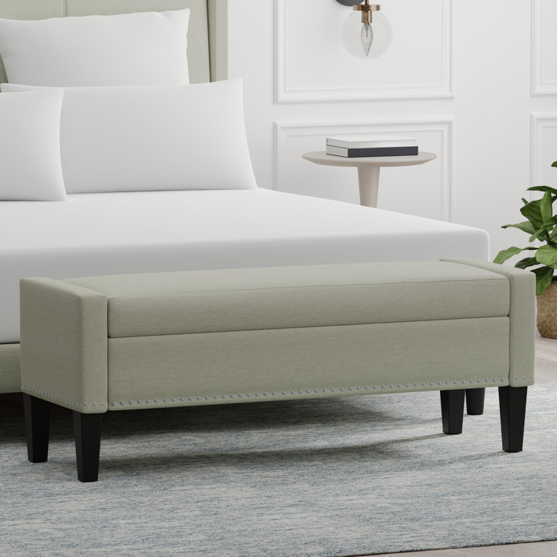52" Upholstered Storage Bench With Truncated Arms and Nailhead Trim, Beige