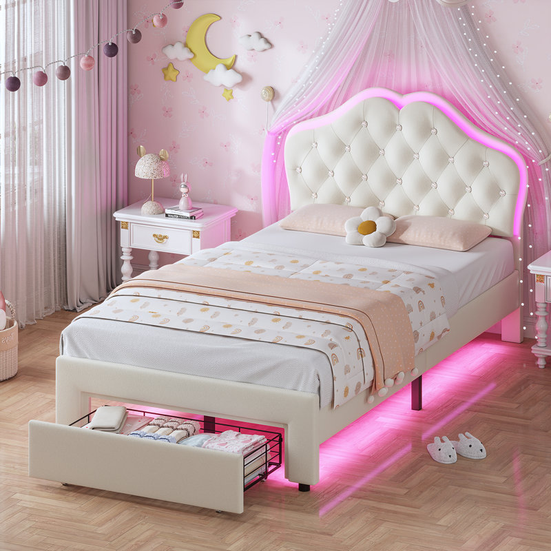 Cadre de lit princesse avec lumières à DEL RVB, Lit simple, Blanc