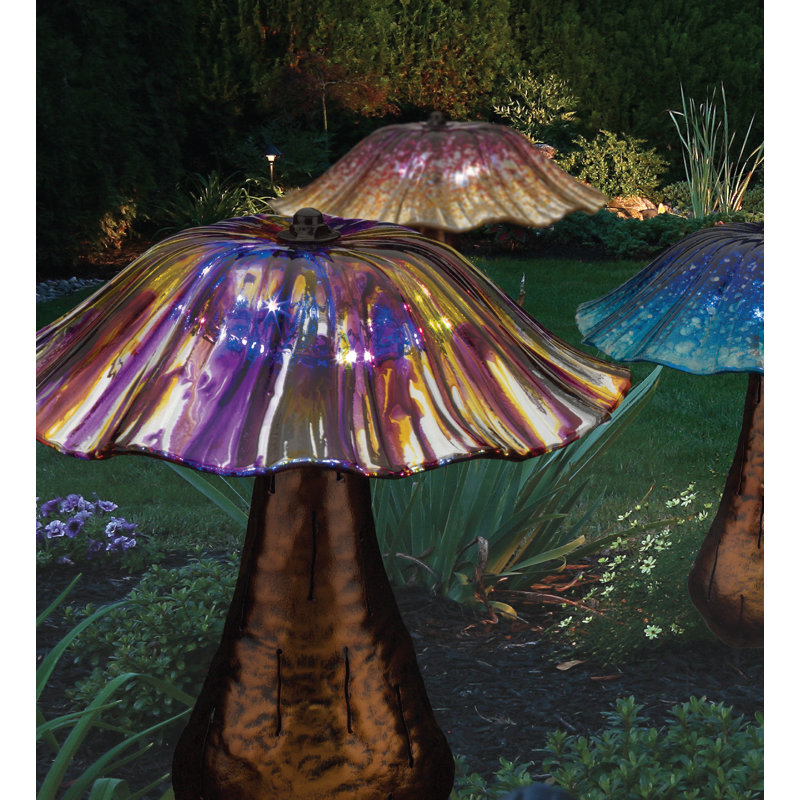Purple and Yellow Glass Solar Toadstool Garden Stake