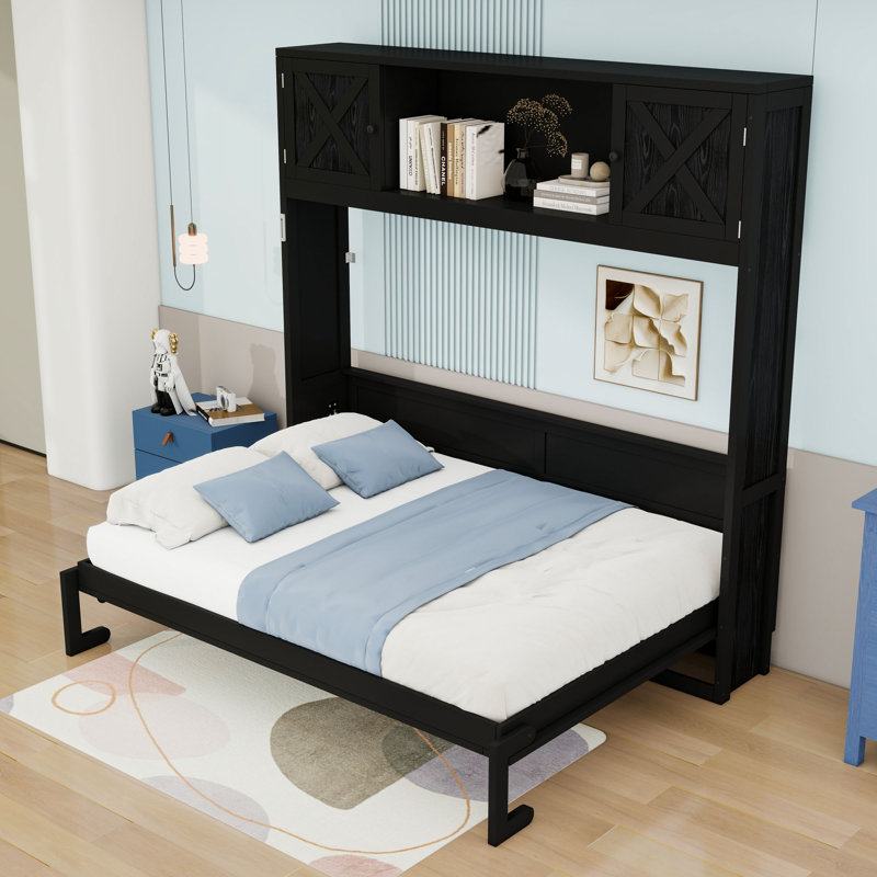Lit escamotable en bois avec armoires de rangement, Noir