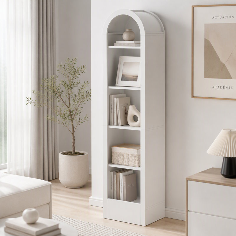 Petite bibliothèque arquée de 67 po à 5 niveaux avec tablette de rangement ouverte Mid-Century, Blanc