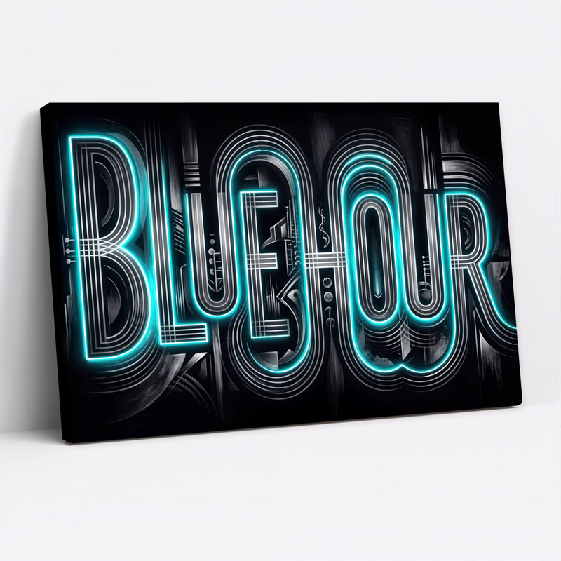 «Blue Hour», art au néon avec lignes lumineuses cyan sur toile noire, H 36 po x l 48 po