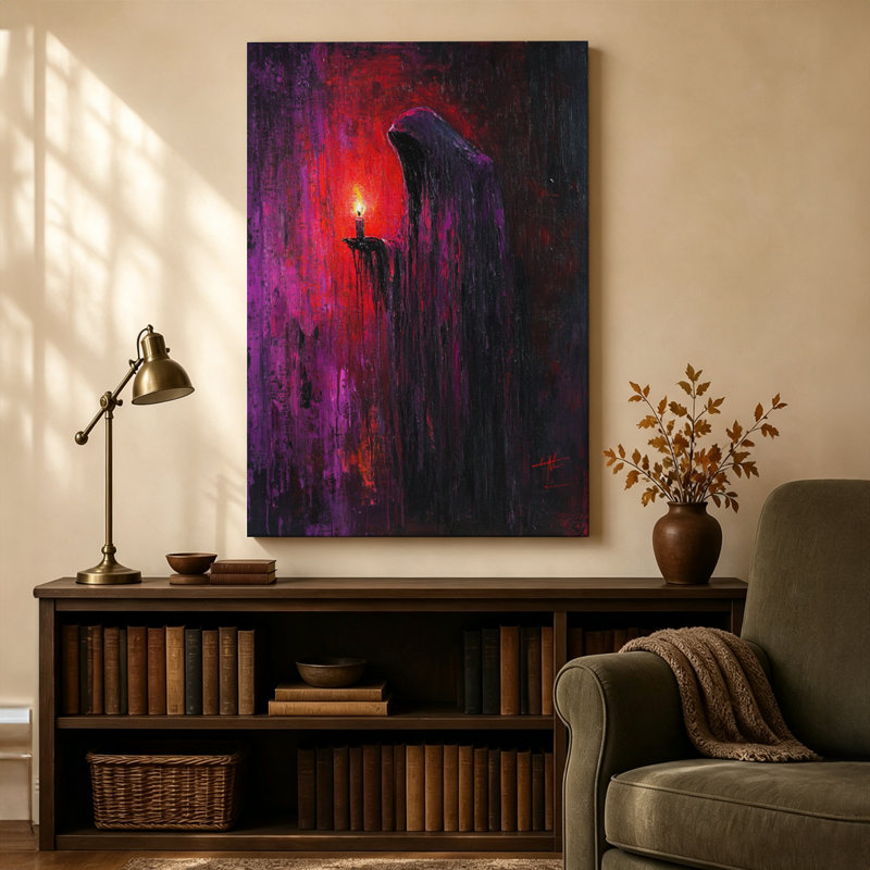 Personnage sinistre tenant une chandelle, tableau expressionniste à l'huile sur toile tendue sur châssis, 61 cm x 91 cm, prêt à accrocher.