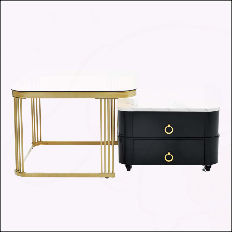 2-in-1 Square Nesting Coffee Table with Wheels & Drawers, Stackable Side Table with High Gloss Marble Grain Top, End Table Set for Living Room
