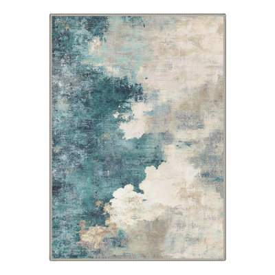 Aquatone Modern Machine Washable Beige / Blue Indoor Area Rug with Non-Slip Backing