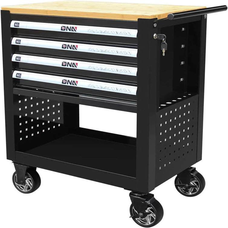 30" W X 39" H X 18" D 4-Drawer Tool Cart Cabinet W/ Thick Wood Work Table