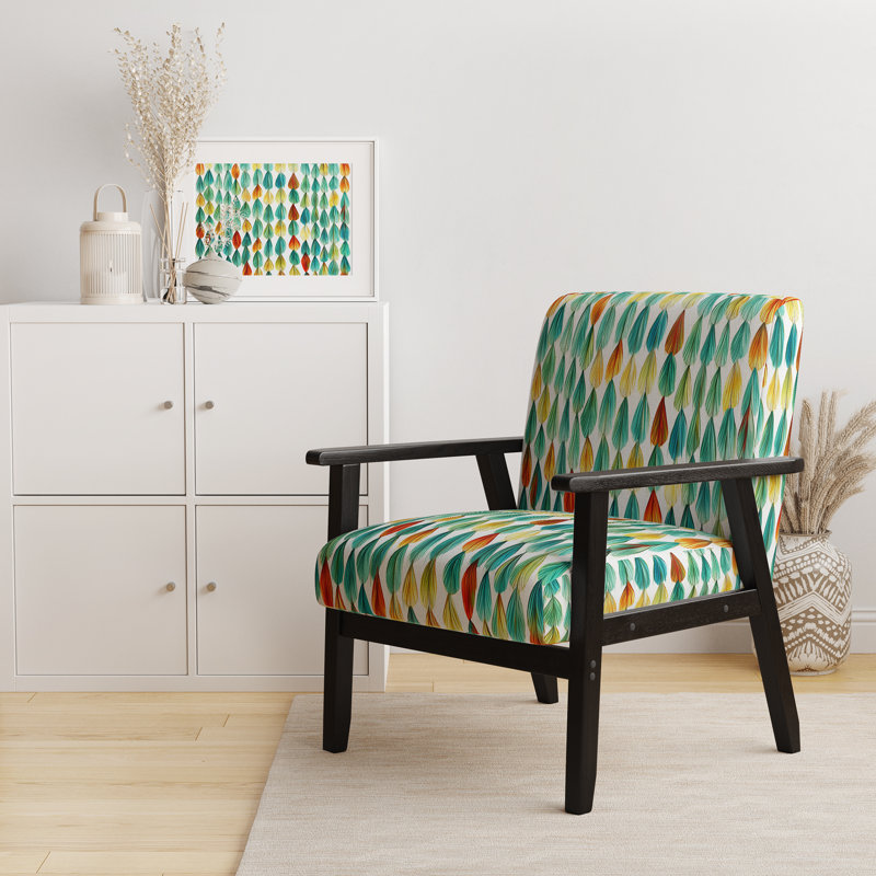 «Autumn Is Coming Retro Leaves» en bleu et rouge - Fauteuil rembourré contemporain, fauteuil d'appoint géométrique abstrait