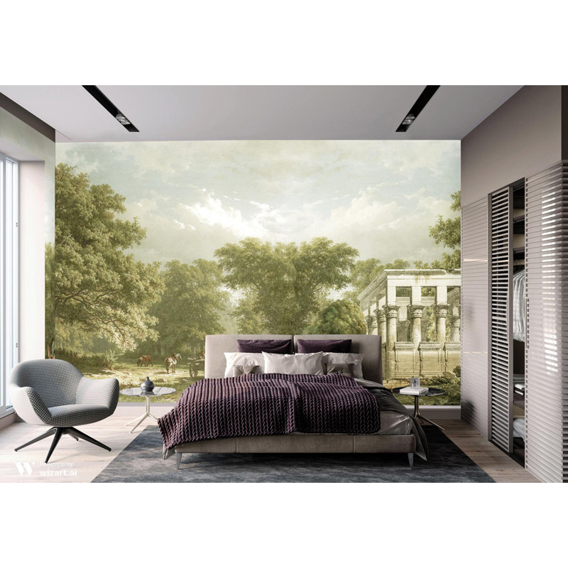 Scenic Countryside Mural With Classical Ruins, Light Green, 118" L x 225" W