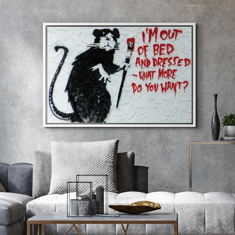 «Banksy Rat with Red Paintbrush On Canvas», art textuel, H 16 po x l 24 po x P 1,5 po, Cadre flottant blanc