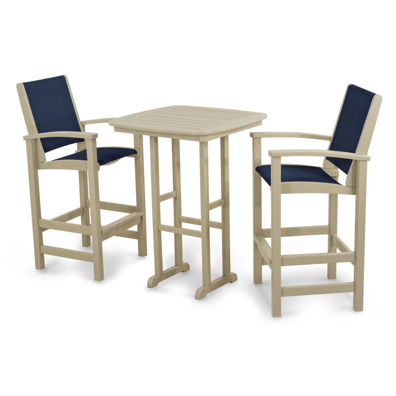 POLYWOOD Coastal 3-Piece Bar Set, Sand/Navy Blue