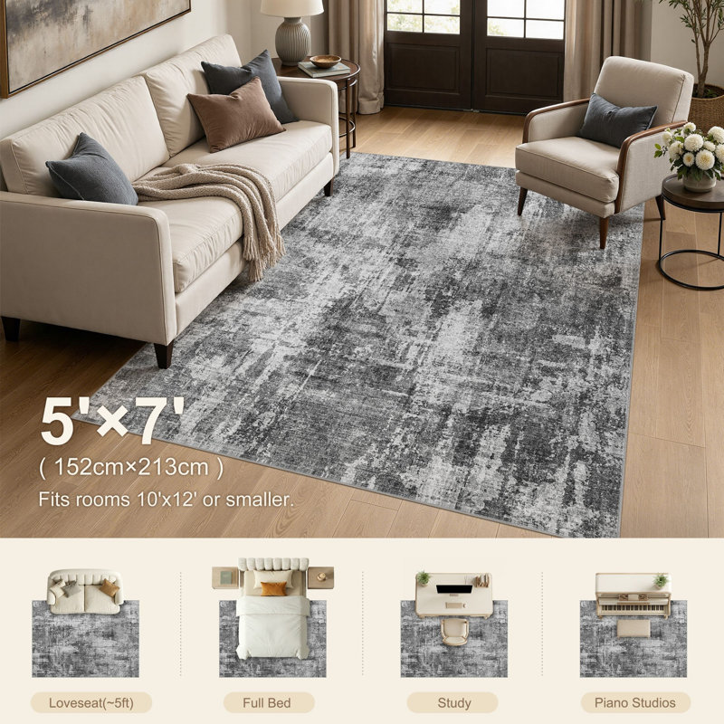 Washable Retro Abstract Rug, Stain Resistant Carpet for High Traffic Areas, Rectangle 5' x 7'