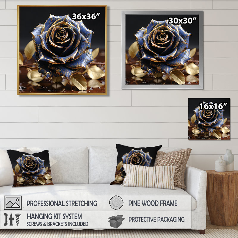 Décoration murale dorée «Golden Glam» - Rose, Toile encadrée flottée blanche, H 16 po x l 16 po x P 1 po