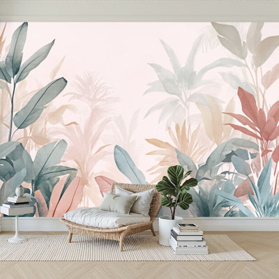 Peel and Stick Wallpaper 96" W x 69" H Modern Self Adhesive Wall Mural for Bedroom Tropical Forest Flowers Landscape Trees Leaves Watercolor Botanical