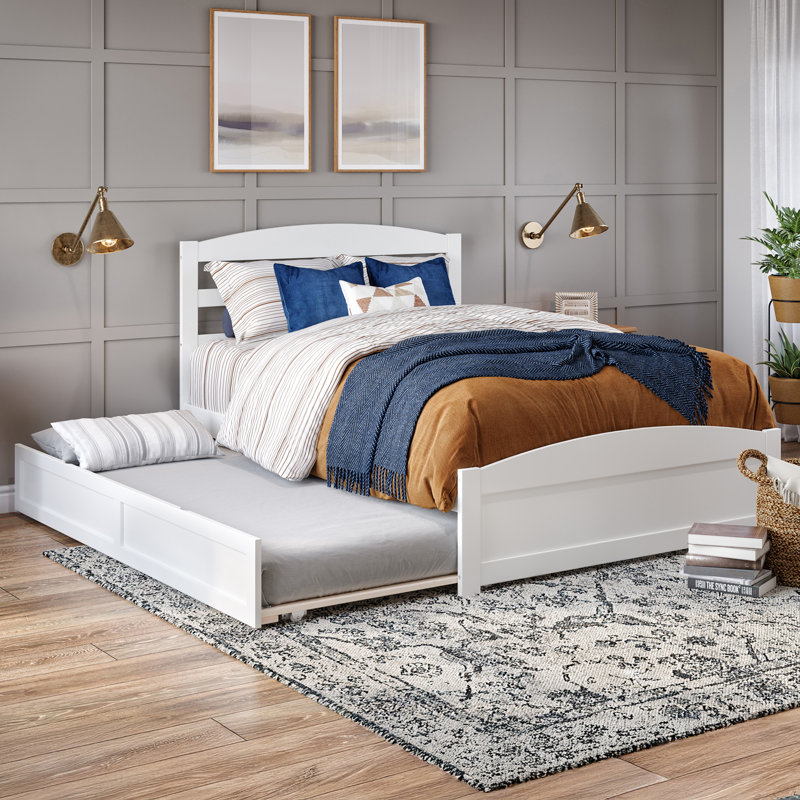 Lit plateforme en bois massif avec pied de lit et gigogne Elliana, Grand, Blanc