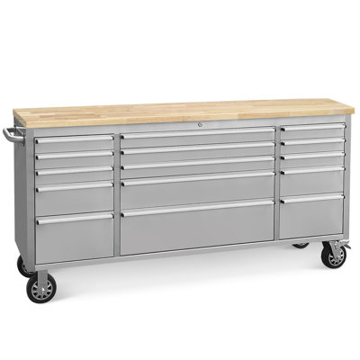 72-Inch Stainless Steel Rolling Tool Box with 15 Drawers, Heavy-Duty Mobile Garage Workbench, Lockable Large Tool Chest Storage Cabinet with Wheels for Workshop