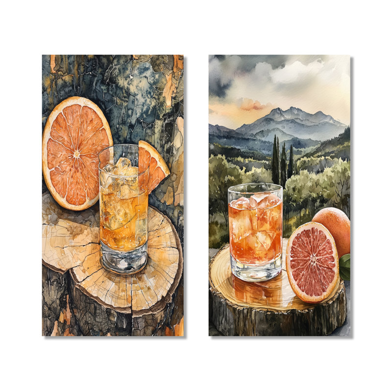 Cocktail téquila avec verre de pamplemousse I - ensemble de 2 reproductions d'art mural en métal orange, 32" H x 32" W