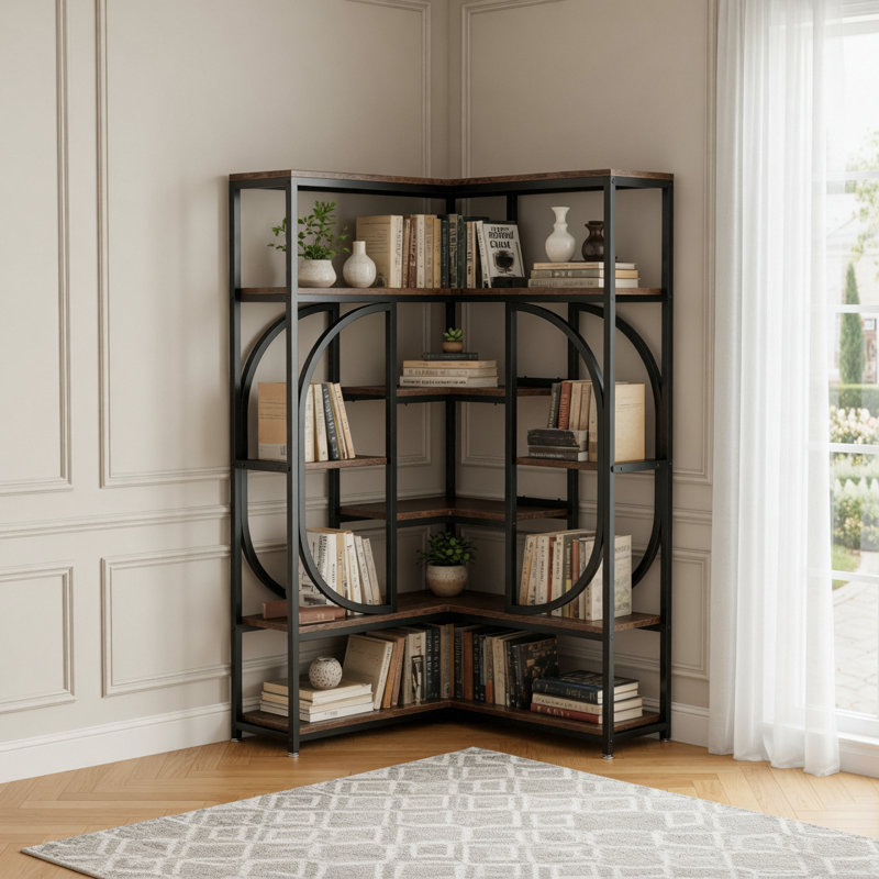 Présentoir en forme de L de style industriel avec tablettes à 7 niveaux, parfait pour maximiser l'espace de coin et le rangement