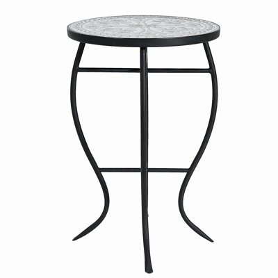 Outdoor Round Side Table with Mosaic-Style Top and Curved Iron Legs, Grey and Matte Black