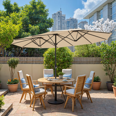 15' Large Patio Umbrella with Brown Polyester Fabric, Outdoor Double-Sided Rectangle Market Table Umbrella with Push Button Crank Handle, Outside Umbrellas with Steel Ribs