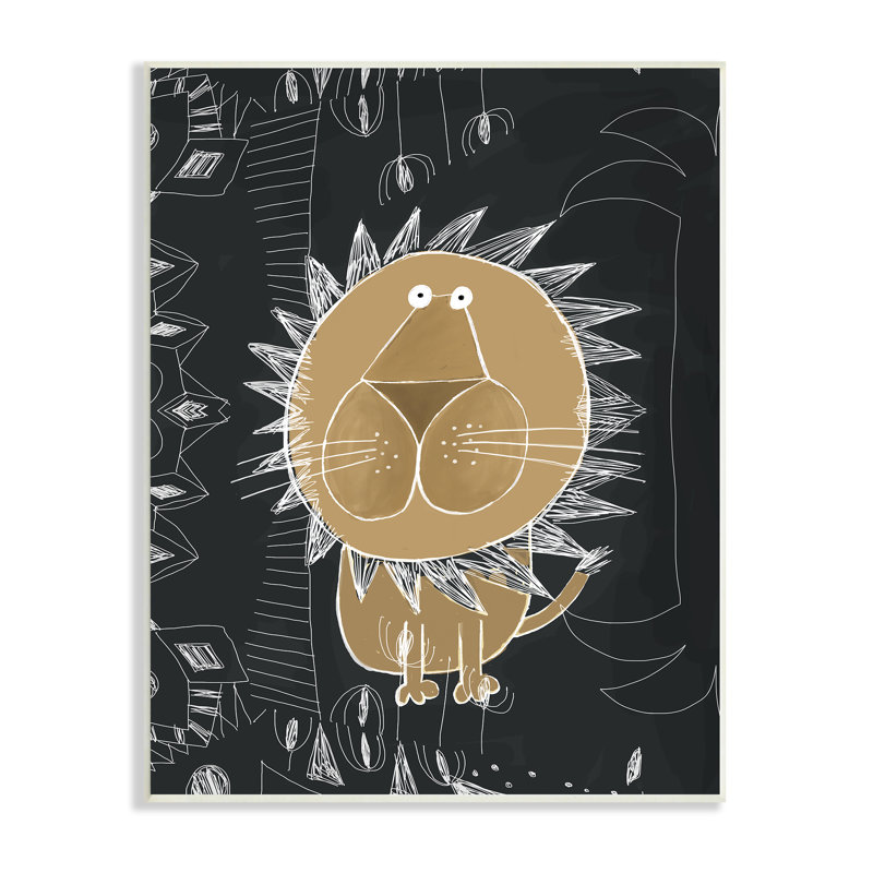 Art abstrait de griffonnage de lion, H 19 po x l 13 po x P 0,5 po, Plaque murale