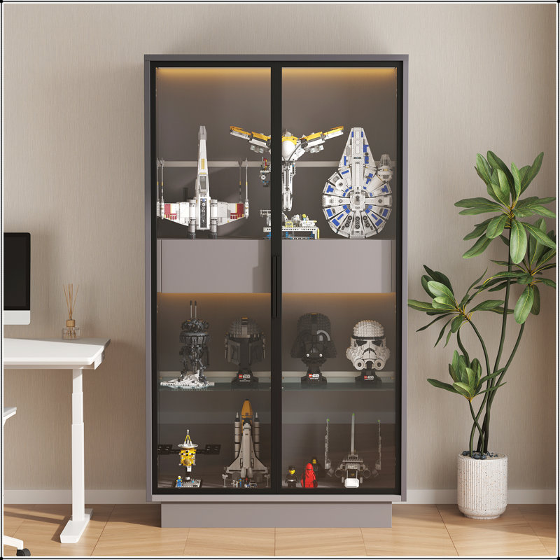 Grande vitrine moderne de 60,6 po avec verre trempé, éclairage DEL et deux tiroirs pour le salon et le bureau, gris