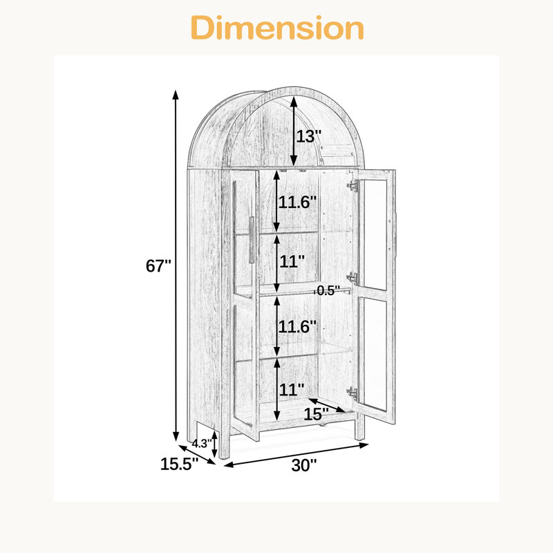 Une armoire de rangement arquée haute avec une lampe, une armoire de rangement en bois de style rétro moderne avec des cloisons en verre réglables