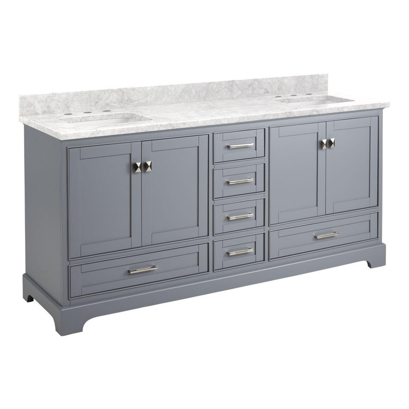 Quen 72" Freestanding Double Basin Vanity Set with Cabinet, Vanity Tops, Gray, Carrara Marble, 8" Widespread
