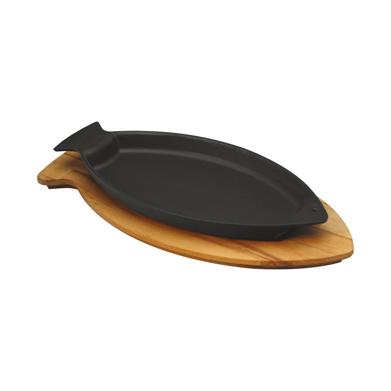Lava Enameled Cast Iron Skillet 9.5 inch-Fish Shaped Pan with Beechwood Service Platter