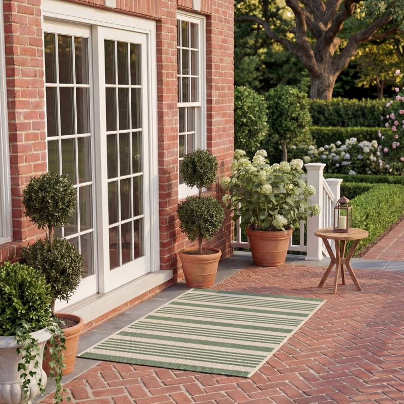 Aiken Striped Beige/Green Indoor / Outdoor Area Indoor/Outdoor Area Rug, Round 2'7"