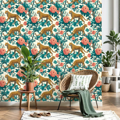 Papier peint auto-adhésif amovible à motif de feuilles de léopard, fleurs tropicales et feuillage de contact mural pour armoires de cuisine de chambre à coucher 17,7 po x 118 po