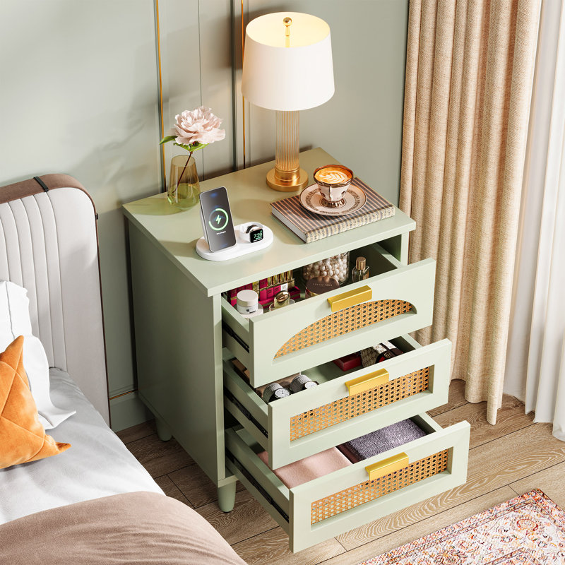 Attis 3-Drawer Rattan Nightstand, Green