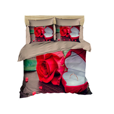 Luxury Single Quilt Cover Set, 100% Polyester Microsatin & Cotton, Duvet Cover 63 x 87, Flat Sheet 63 x 94, 2 Pillowcases 20 x 28 | Machine Washable, 3D Printed, Zipper Closure | Red, Beige & Green Design