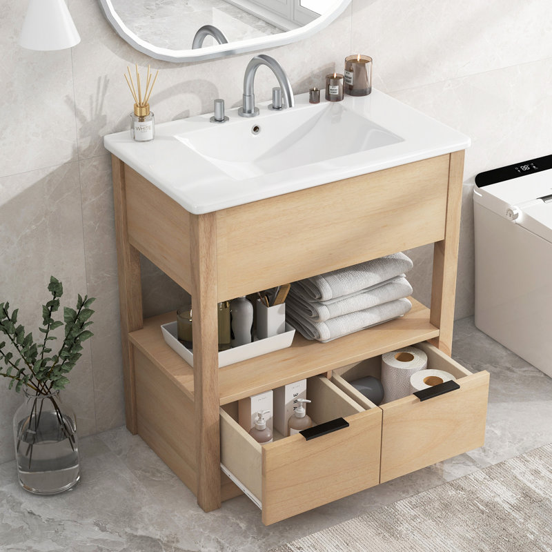 Meuble-lavabo de 30 po avec comptoir d'évier, armoire de salle de bain avec tablette de rangement ouverte et deux tiroirs, un paquet