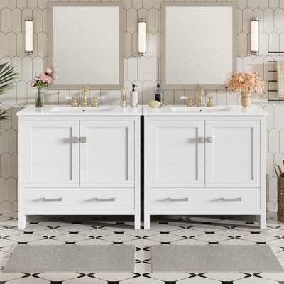 72" White Bathroom Vanity With Ceramic Sink, Soft-Close Doors, Double Storage Shelves & Divided Drawer – Modern Bathroom Cabinet With Ample Storage