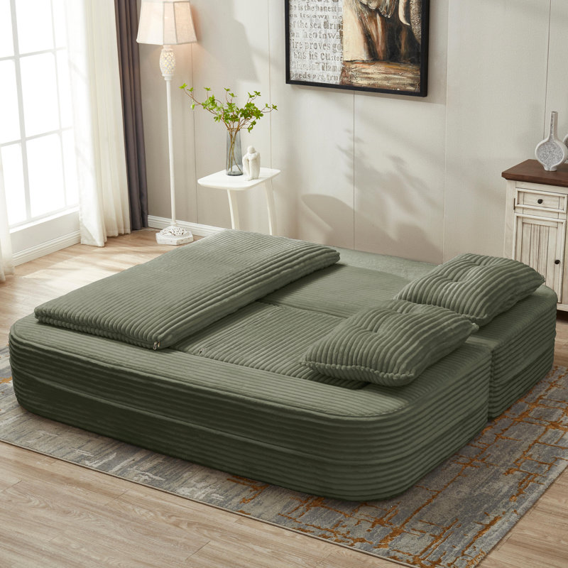 80" Compressed Foam Sleeper Sofa Bed, Corduroy Foldable Couch Bed, Convertible Living Room Set — No Assembly Required, Green